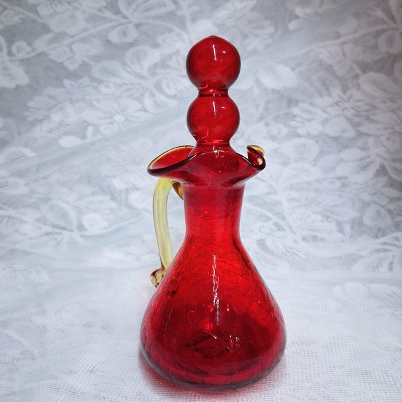 Vintage Blenko Amberina Crackle Glass Cruet Pitcher Bubble Stopper Red To Yellow - Picture 4 of 13